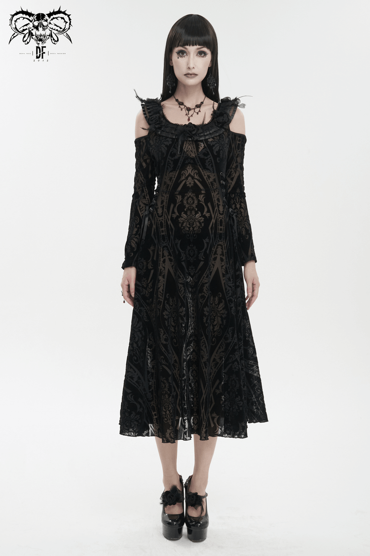 Gothic Off Shoulder Semi Transperent Dress / Women's Pattern Ruffled Dress - image 7