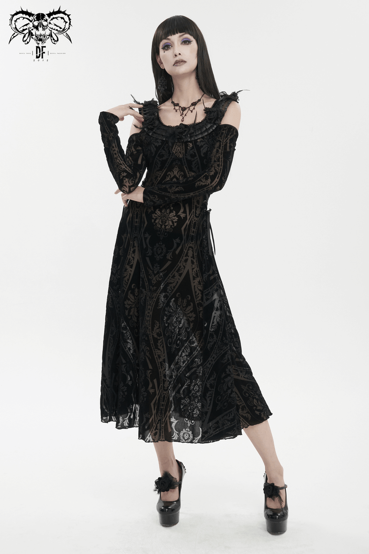 Gothic Off Shoulder Semi Transperent Dress / Women's Pattern Ruffled Dress - image 9