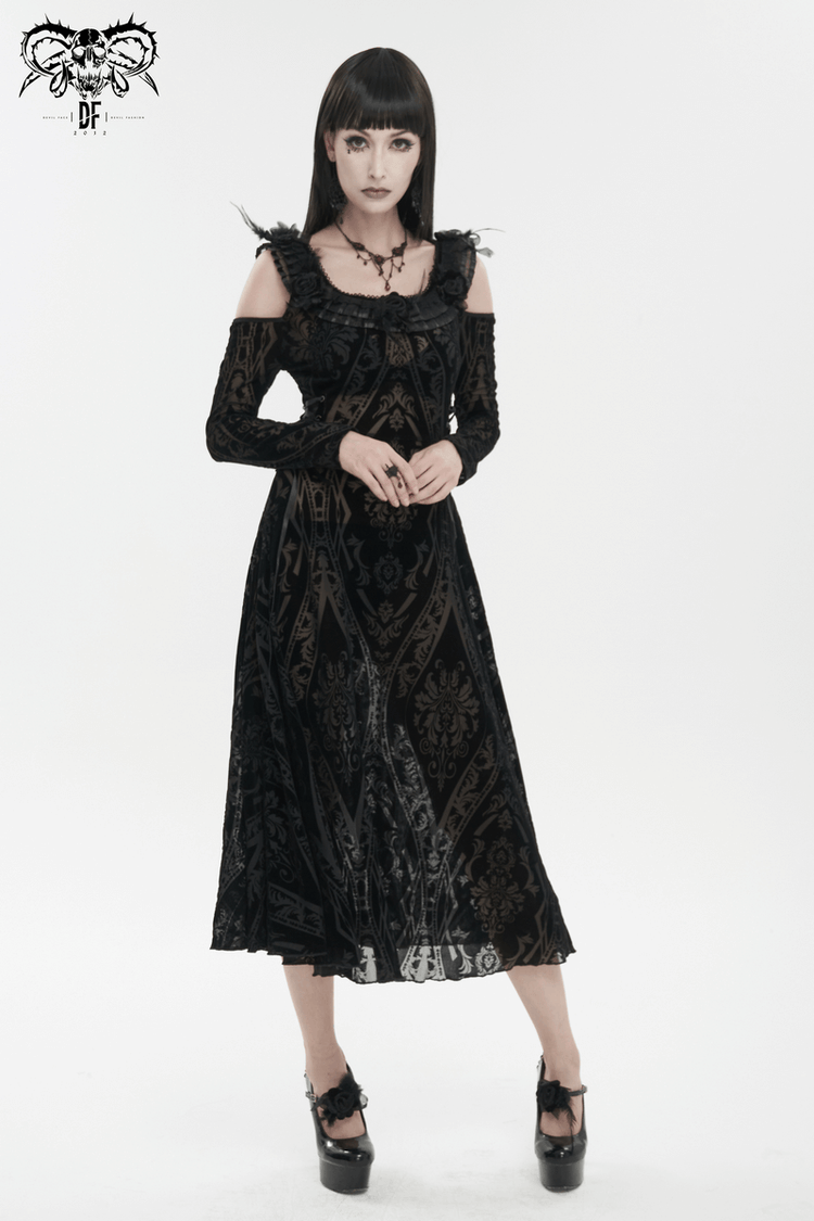 Gothic Off Shoulder Semi Transperent Dress / Women's Pattern Ruffled Dress - image 8