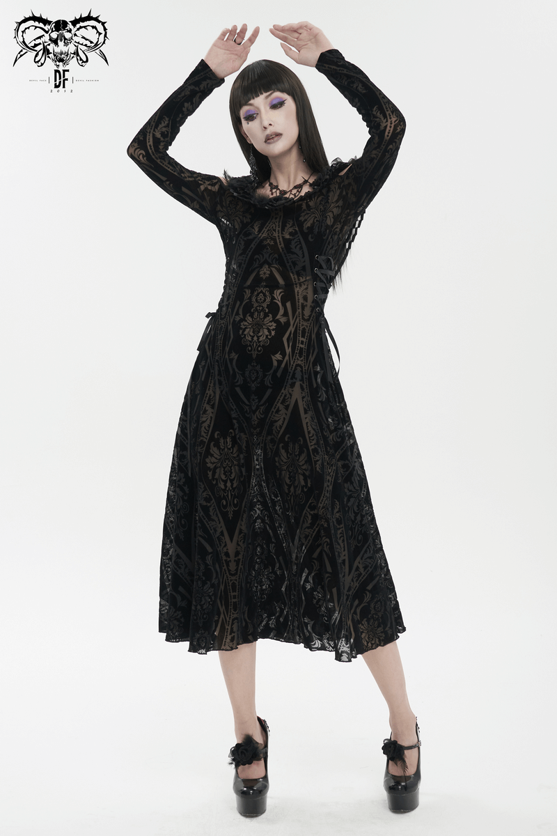 Gothic Off Shoulder Semi Transperent Dress / Women's Pattern Ruffled Dress - image 11