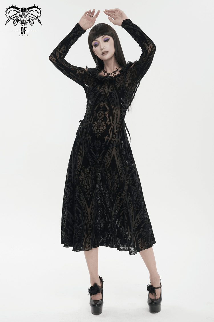 Gothic Off Shoulder Semi Transperent Dress / Women's Pattern Ruffled Dress - image 11