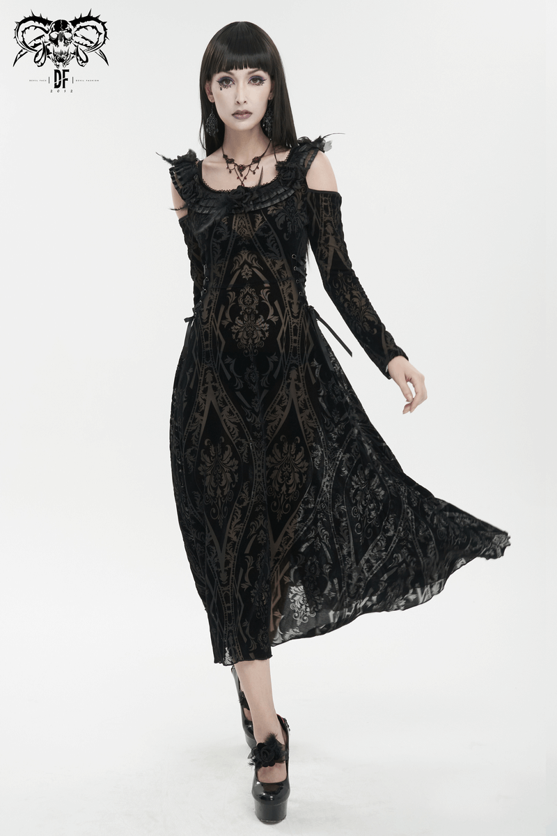 Gothic Off Shoulder Semi Transperent Dress / Women's Pattern Ruffled Dress - image 10