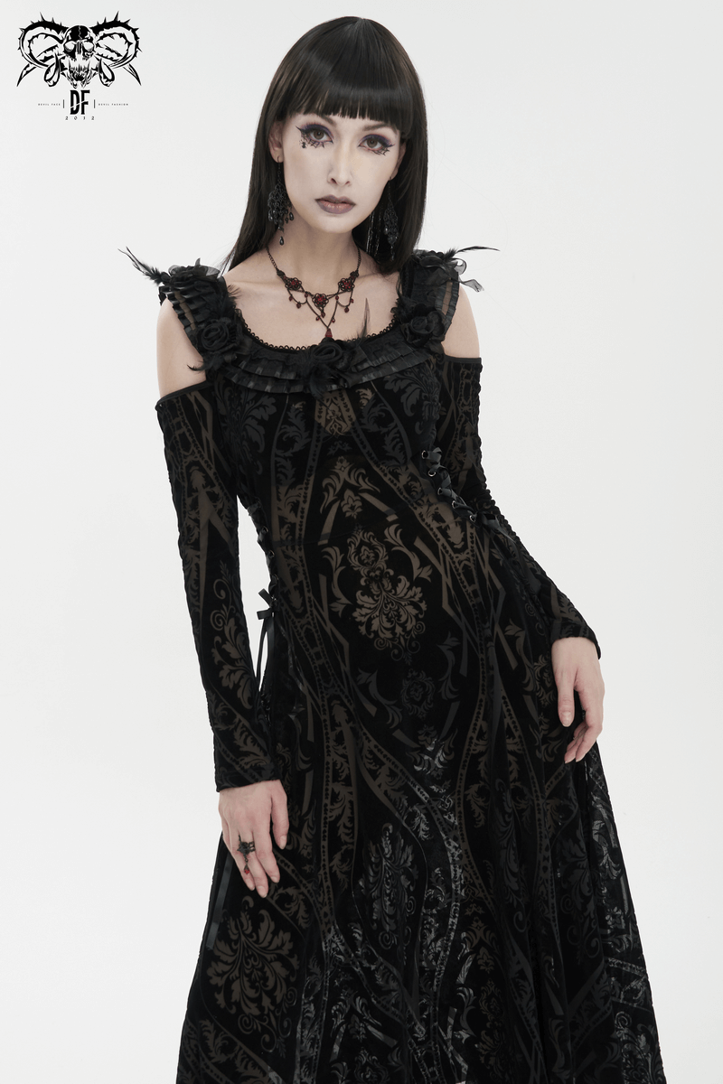Gothic Off Shoulder Semi Transperent Dress / Women's Pattern Ruffled Dress - image 12