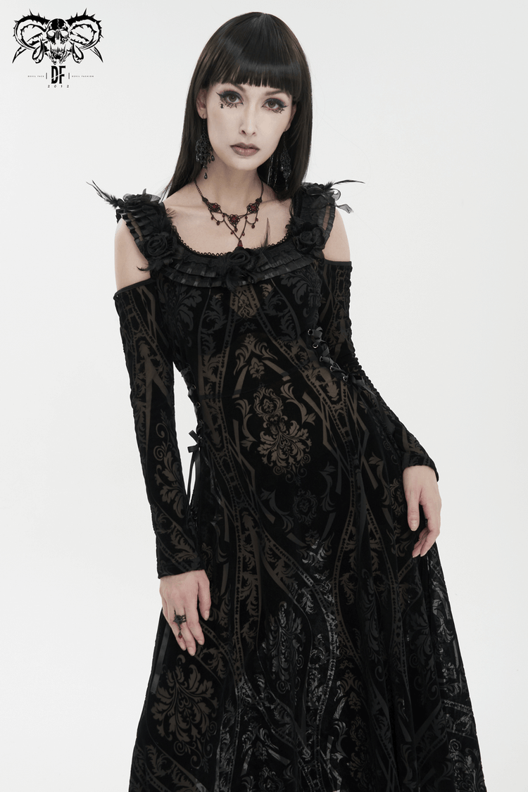 Gothic Off Shoulder Semi Transperent Dress / Women's Pattern Ruffled Dress - image 12