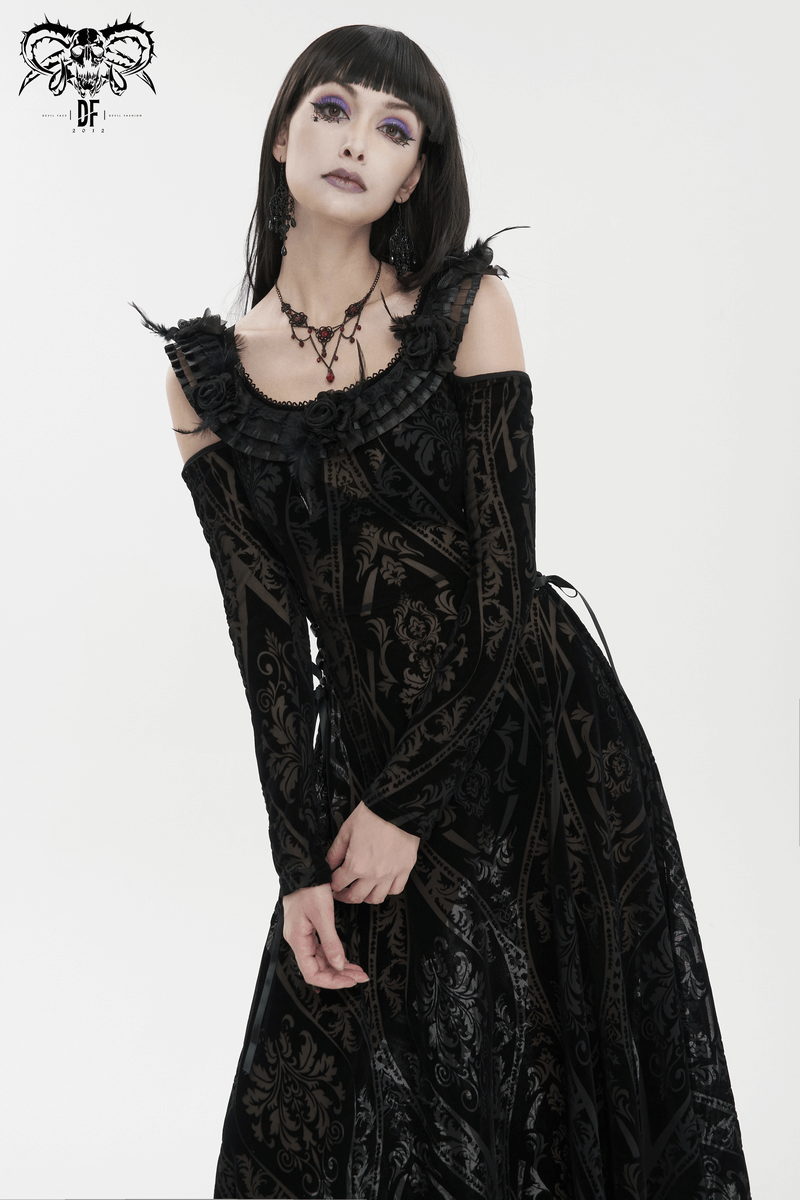 Gothic Off Shoulder Semi Transperent Dress / Women's Pattern Ruffled Dress - image 13