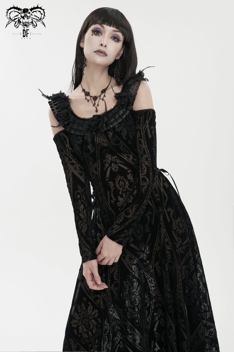 Gothic Off Shoulder Semi Transperent Dress / Women's Pattern Ruffled Dress - image 13