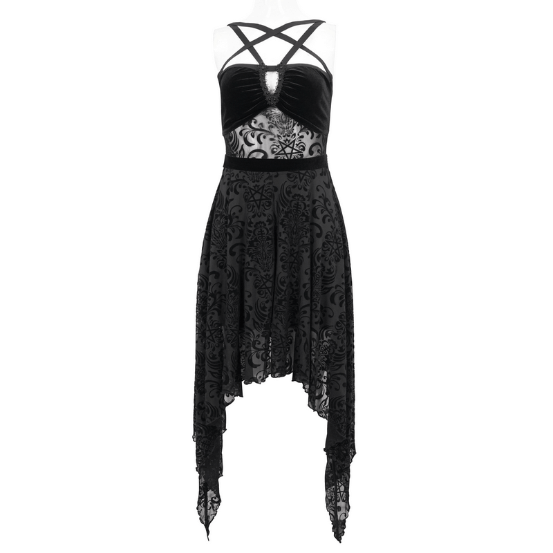 Gothic Pentagram Strappy Irregular Dresses / Women's Vintage Backless Black Dress - image 3