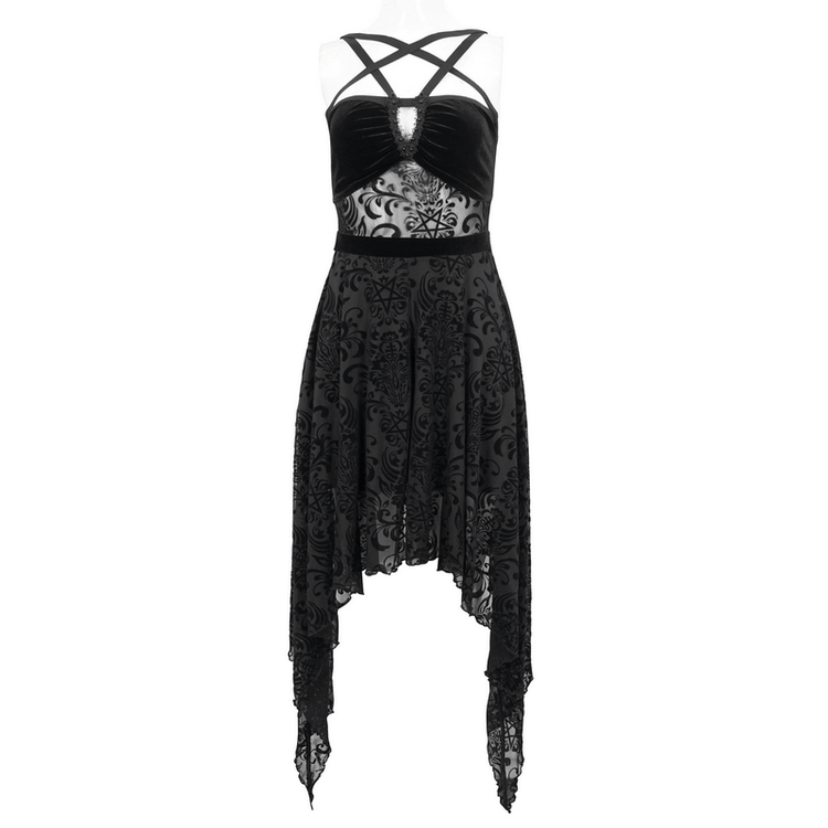 Gothic Pentagram Strappy Irregular Dresses / Women's Vintage Backless Black Dress - image 3