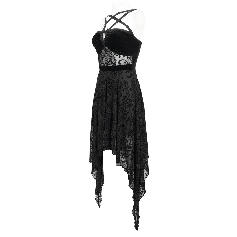 Gothic Pentagram Strappy Irregular Dresses / Women's Vintage Backless Black Dress - image 4