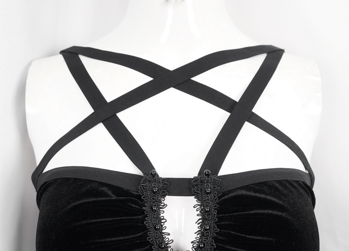 Gothic Pentagram Strappy Irregular Dresses / Women's Vintage Backless Black Dress - image 14