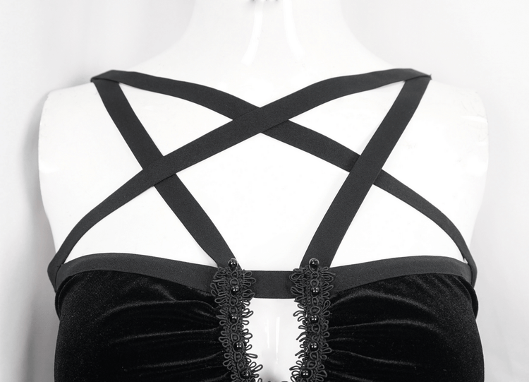 Gothic Pentagram Strappy Irregular Dresses / Women's Vintage Backless Black Dress - image 14