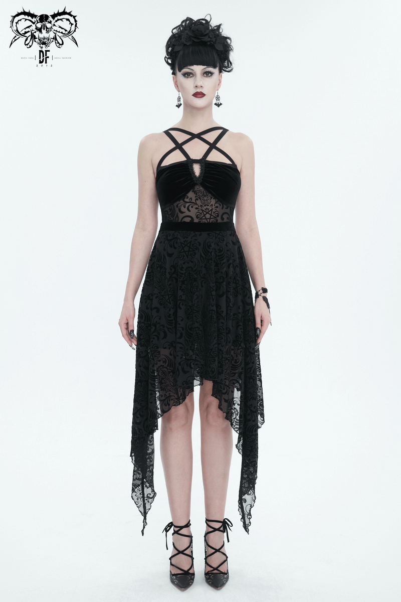 Gothic Pentagram Strappy Irregular Dresses / Women's Vintage Backless Black Dress - image 6