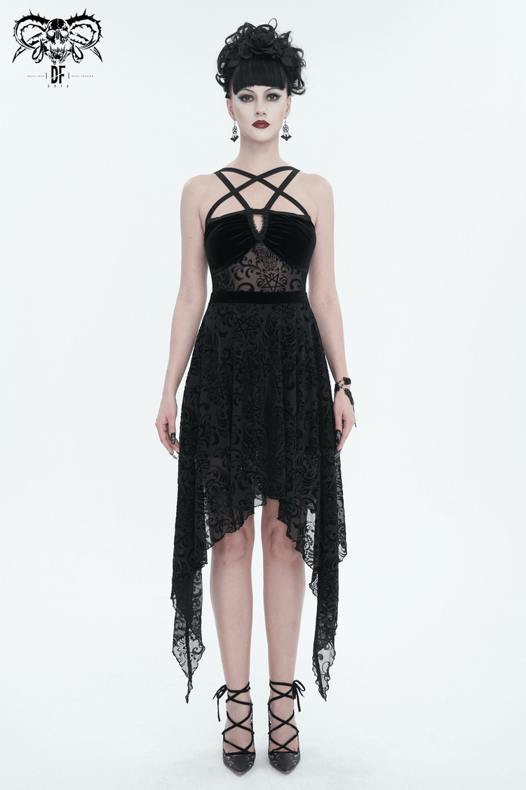 Gothic Pentagram Strappy Irregular Dresses / Women's Vintage Backless Black Dress - image 6