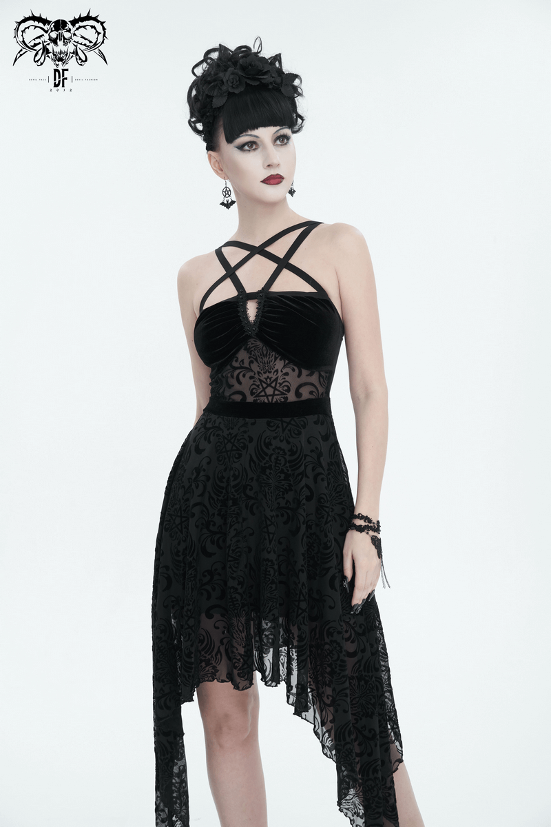 Gothic Pentagram Strappy Irregular Dresses / Women's Vintage Backless Black Dress - image 13