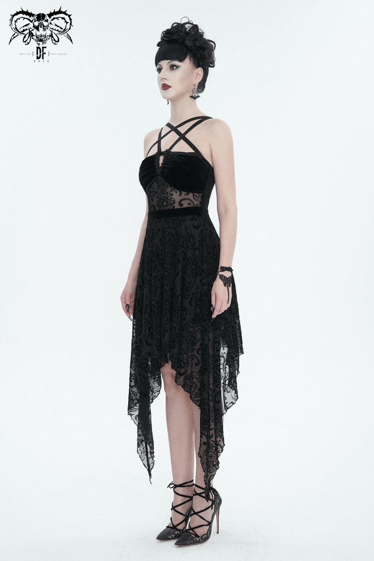 Gothic Pentagram Strappy Irregular Dresses / Women's Vintage Backless Black Dress - image 7