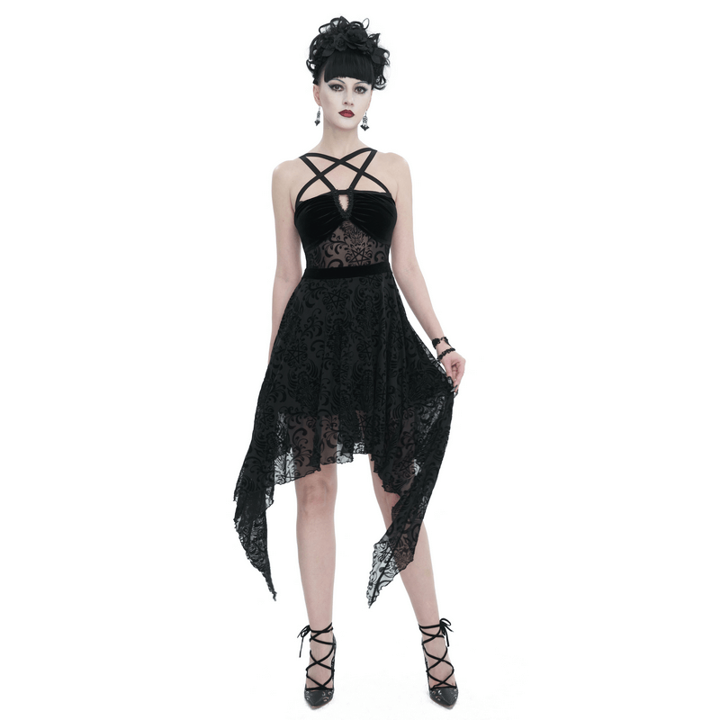 Gothic Pentagram Strappy Irregular Dresses / Women's Vintage Backless Black Dress - image 1