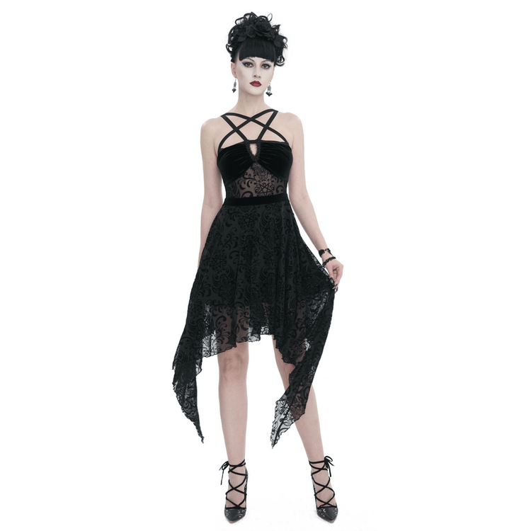 Gothic Pentagram Strappy Irregular Dresses / Women's Vintage Backless Black Dress - image 1