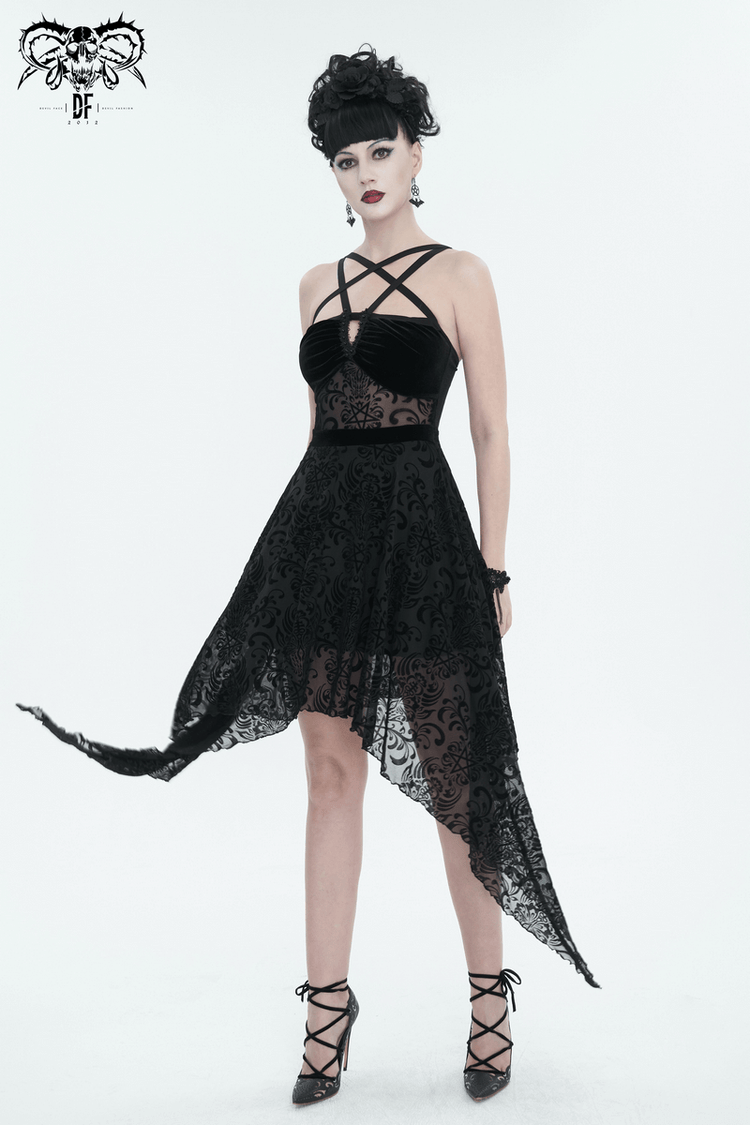 Gothic Pentagram Strappy Irregular Dresses / Women's Vintage Backless Black Dress - image 9