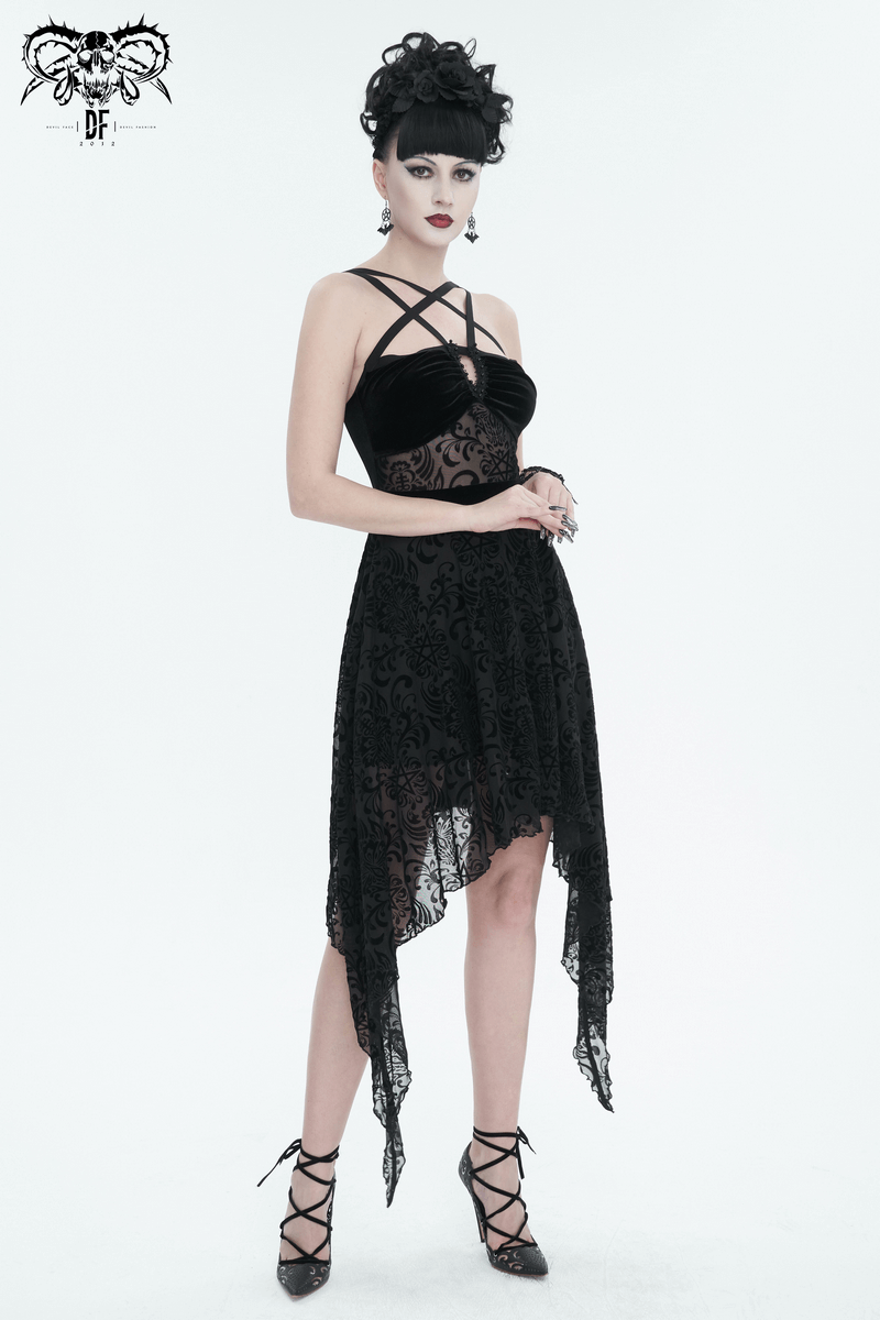 Gothic Pentagram Strappy Irregular Dresses / Women's Vintage Backless Black Dress - image 8