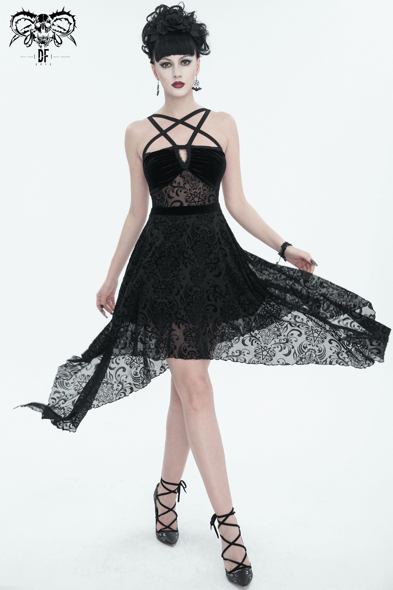 Gothic Pentagram Strappy Irregular Dresses / Women's Vintage Backless Black Dress - image 10