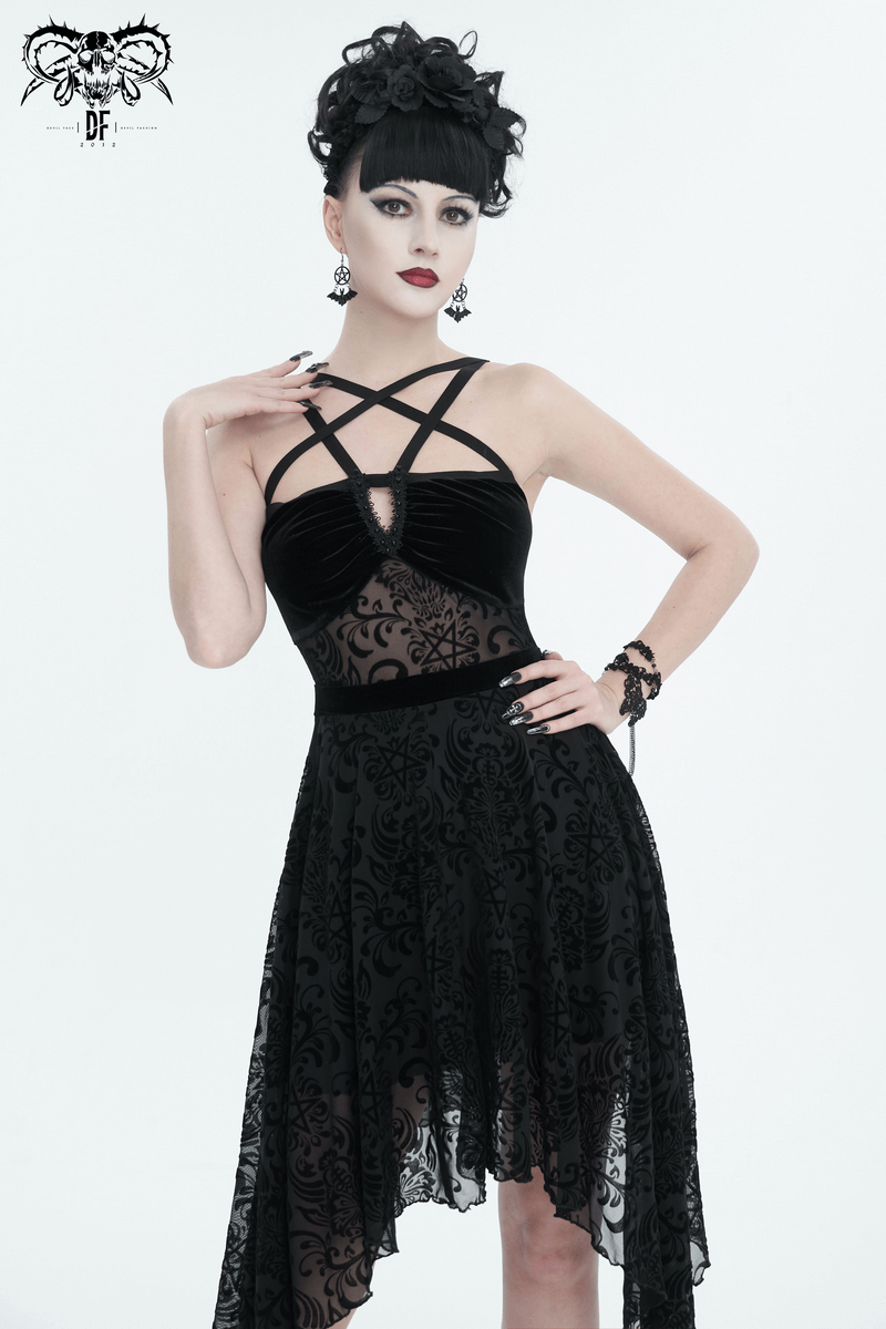 Gothic Pentagram Strappy Irregular Dresses / Women's Vintage Backless Black Dress - image 12