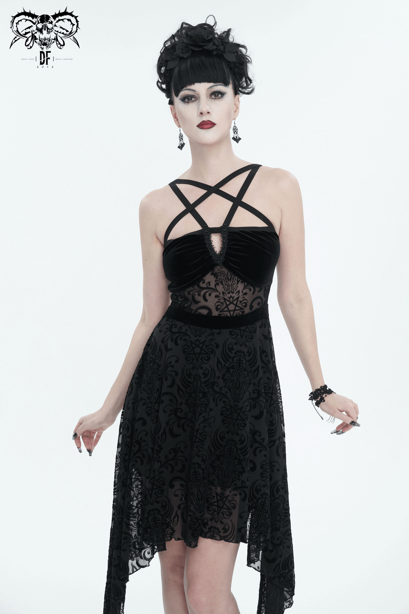 Gothic Pentagram Strappy Irregular Dresses / Women's Vintage Backless Black Dress - image 11