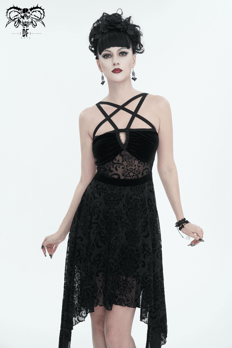 Gothic Pentagram Strappy Irregular Dresses / Women's Vintage Backless Black Dress - image 11