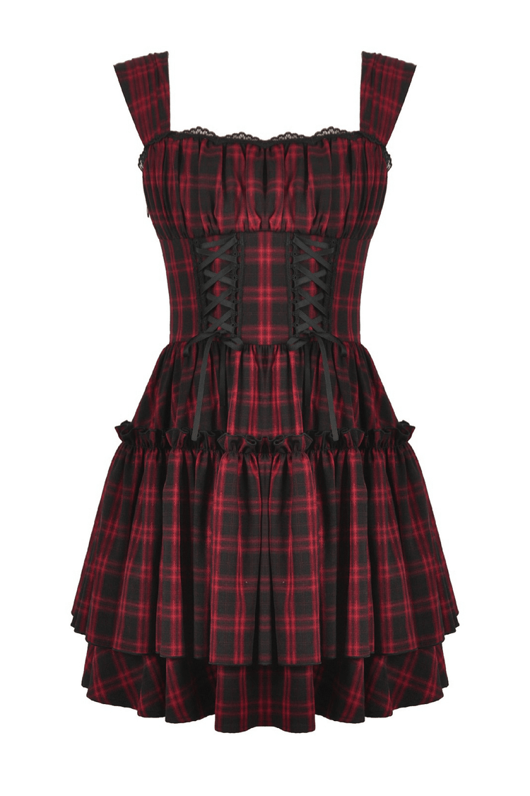 Gothic Plaid Dress with Lace-Up and Ruffled Skirt - image 4