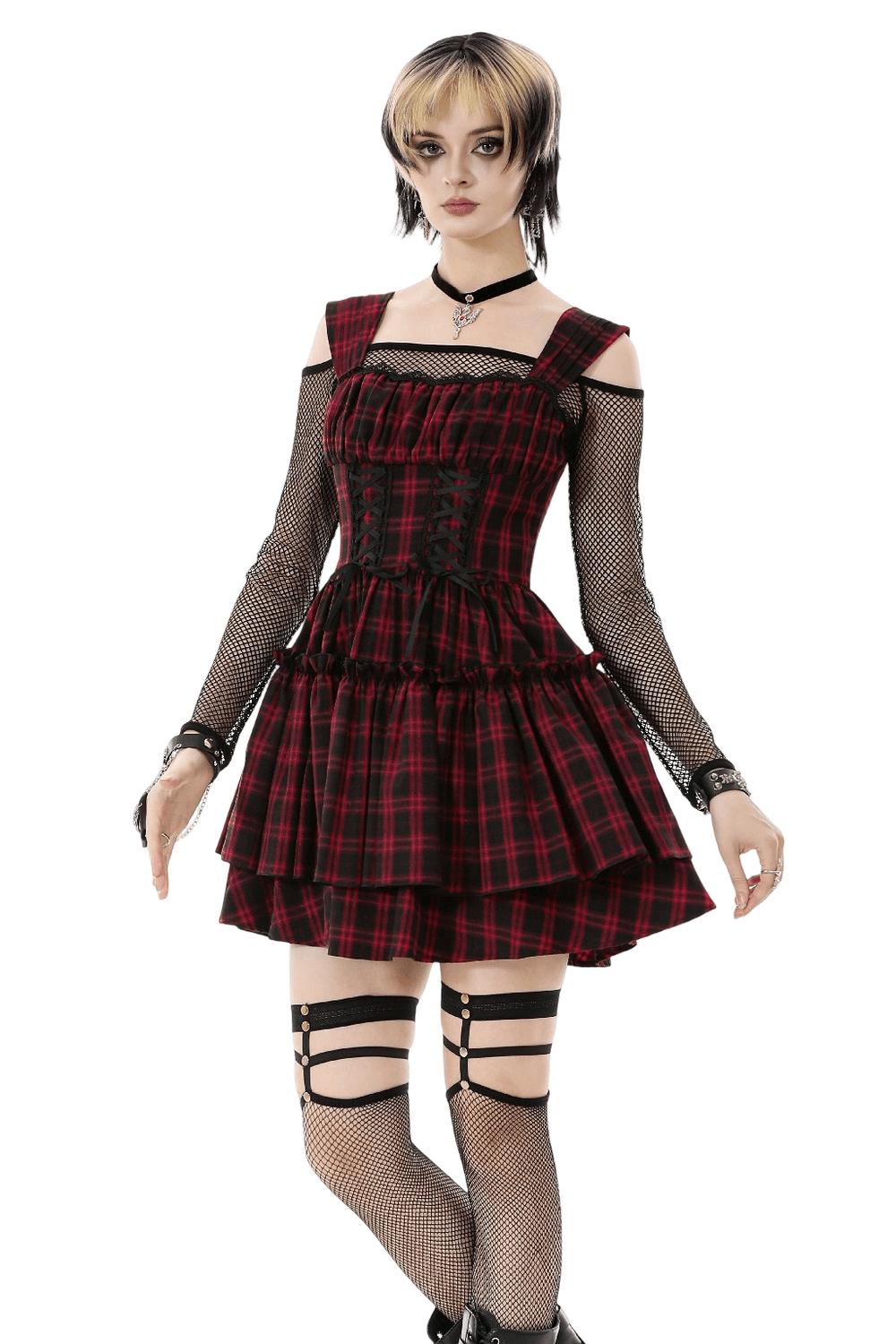 Gothic Plaid Dress with Lace-Up and Ruffled Skirt - image 1