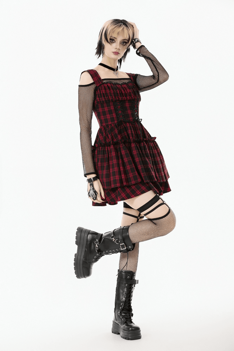 Gothic Plaid Dress with Lace-Up and Ruffled Skirt - image 12