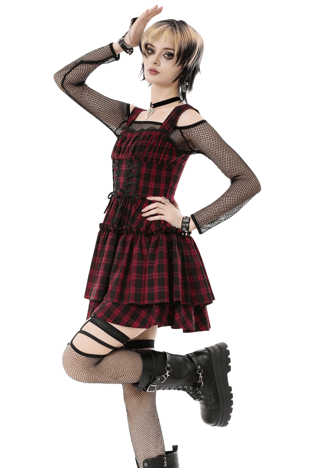 Gothic Plaid Dress with Lace-Up and Ruffled Skirt - image 2