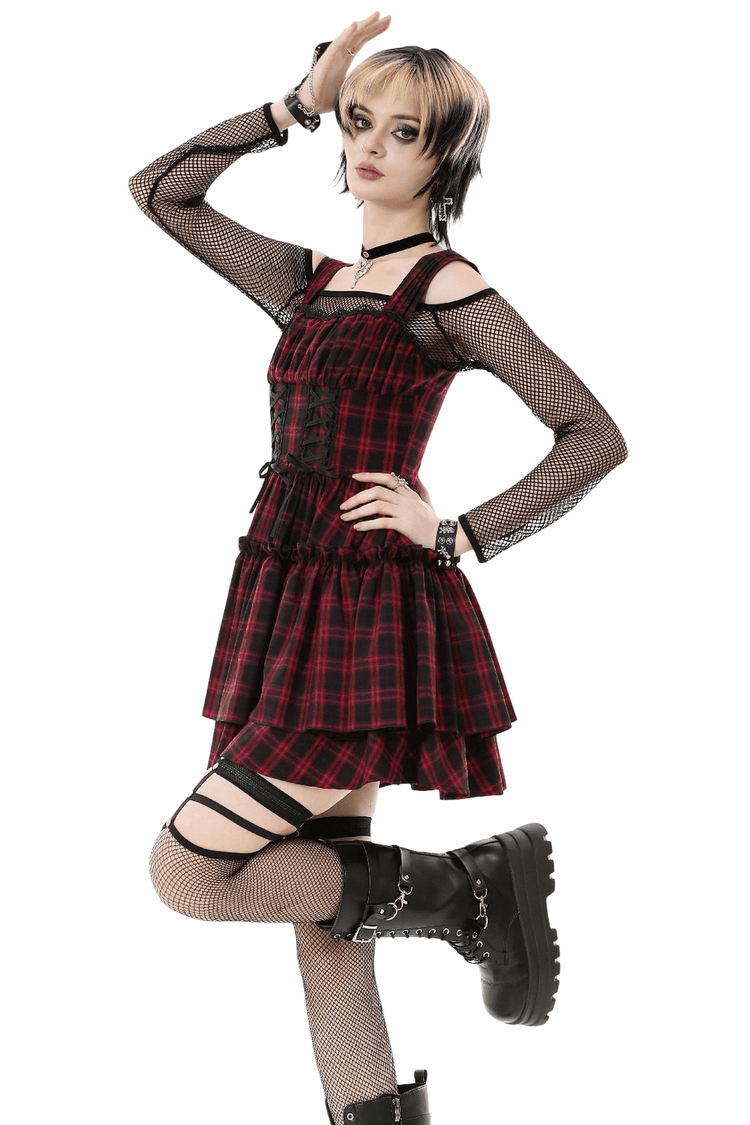 Gothic Plaid Dress with Lace-Up and Ruffled Skirt - image 2