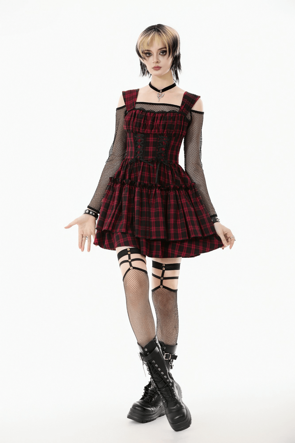 Gothic Plaid Dress with Lace-Up and Ruffled Skirt - image 13
