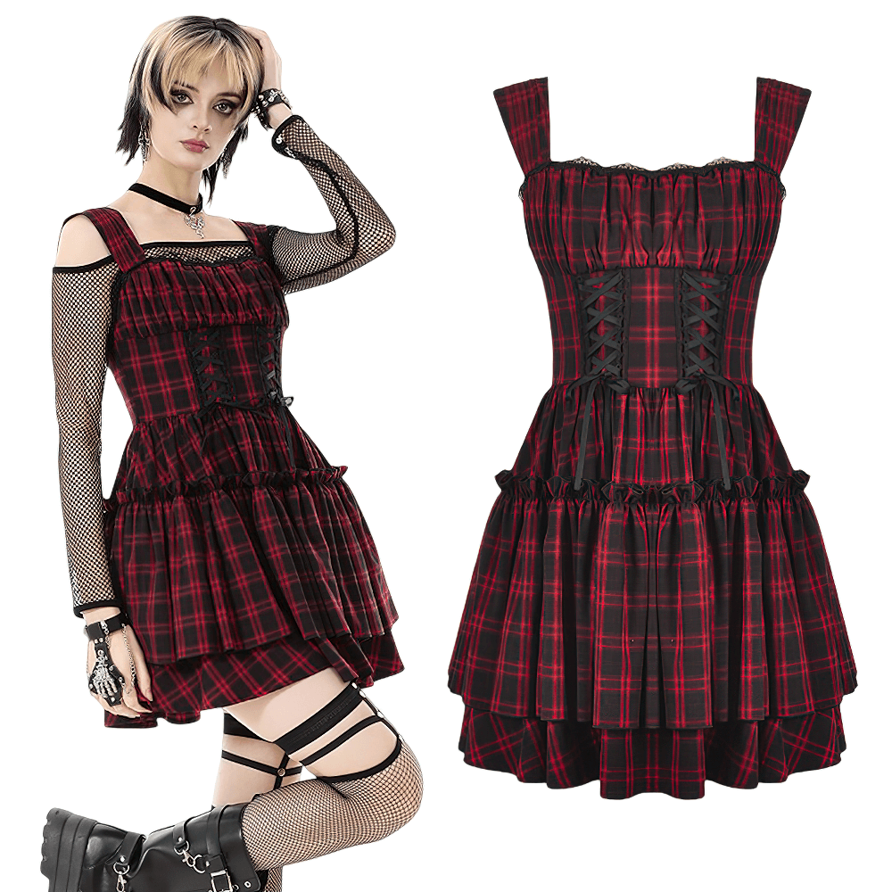 Gothic Plaid Dress with Lace-Up and Ruffled Skirt - image 3