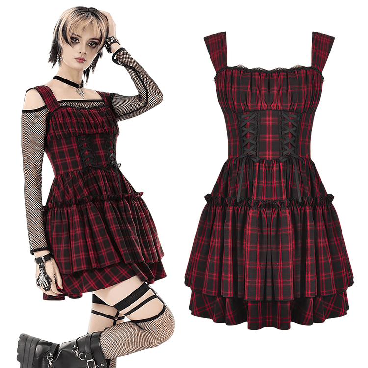 Gothic Plaid Dress with Lace-Up and Ruffled Skirt - image 3
