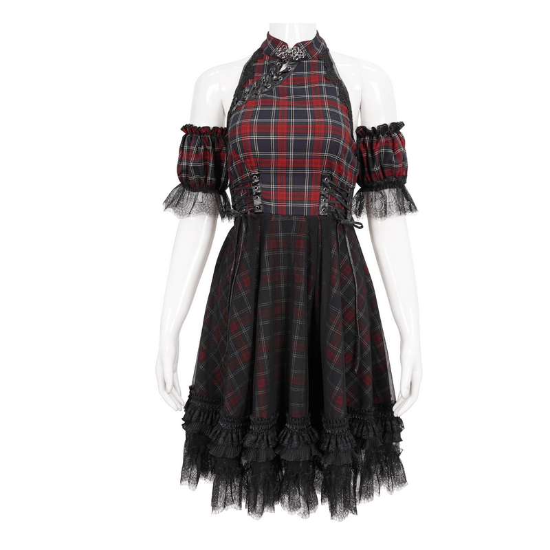 Gothic Plaid Dress with Ruffled Lace Hemline / Female Short Dresses with Detachable Sleeves - image 3