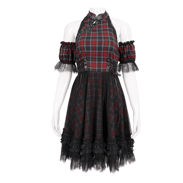 Gothic Plaid Dress with Ruffled Lace Hemline / Female Short Dresses with Detachable Sleeves - image 3