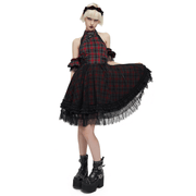 Gothic Plaid Dress with Ruffled Lace Hemline / Female Short Dresses with Detachable Sleeves - image 1