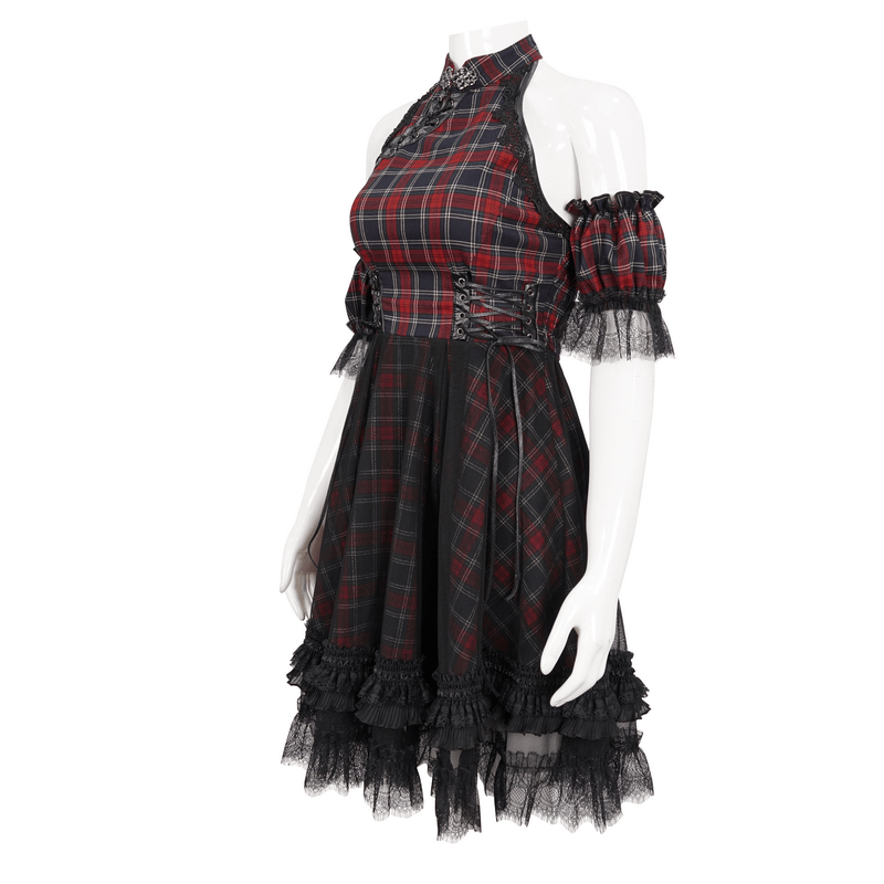 Gothic Plaid Dress with Ruffled Lace Hemline / Female Short Dresses with Detachable Sleeves - image 4