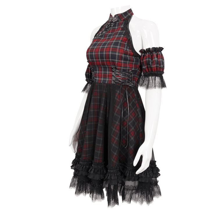 Gothic Plaid Dress with Ruffled Lace Hemline / Female Short Dresses with Detachable Sleeves - image 4