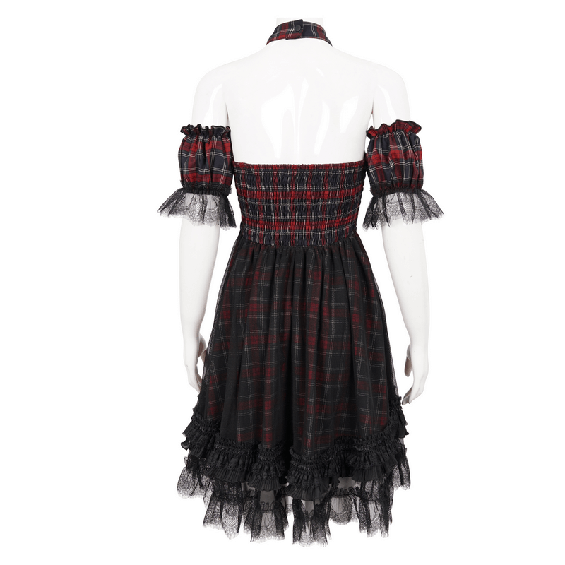 Gothic Plaid Dress with Ruffled Lace Hemline / Female Short Dresses with Detachable Sleeves - image 5