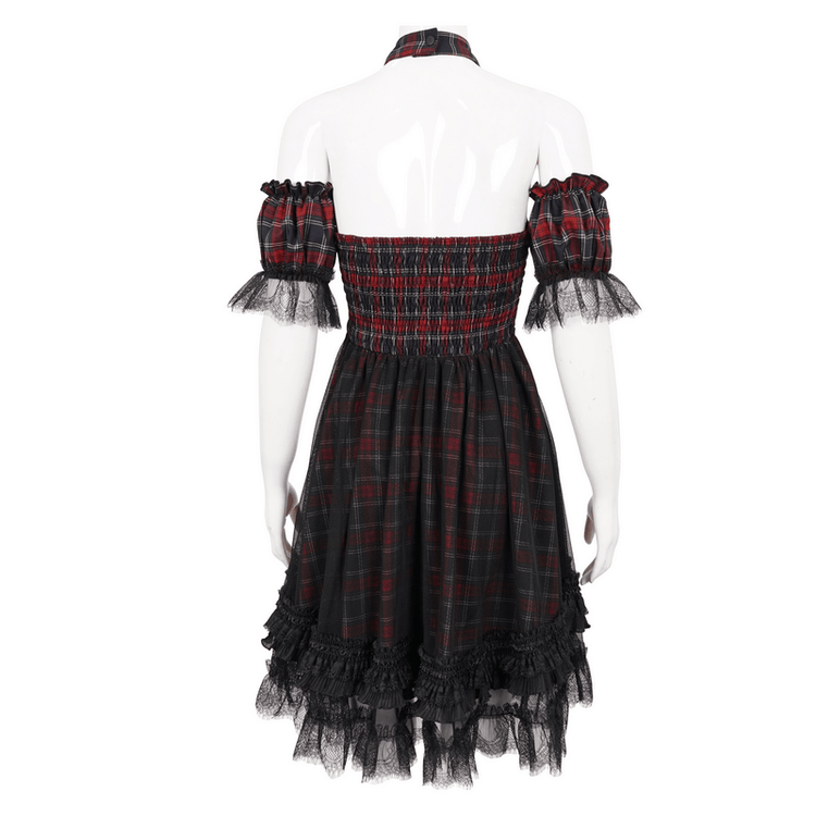 Gothic Plaid Dress with Ruffled Lace Hemline / Female Short Dresses with Detachable Sleeves - image 5