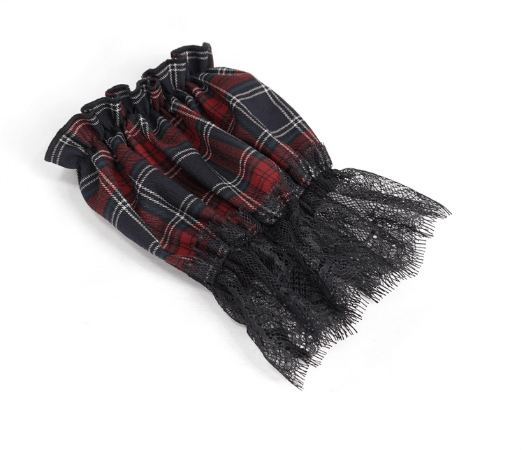 Gothic Plaid Dress with Ruffled Lace Hemline / Female Short Dresses with Detachable Sleeves - image 10