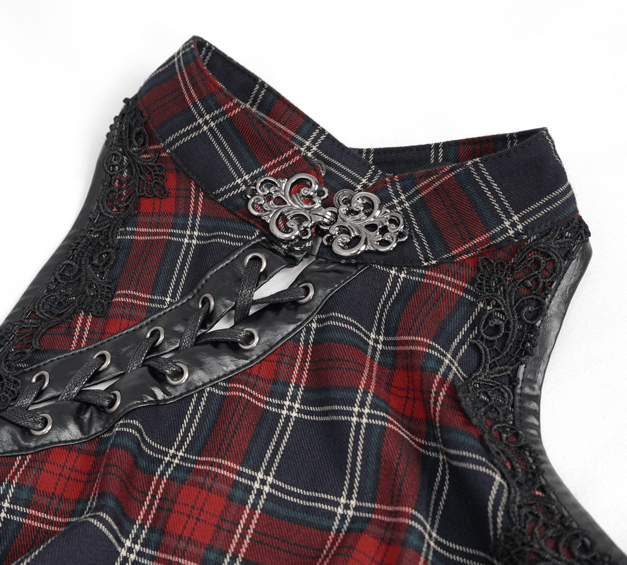 Gothic Plaid Dress with Ruffled Lace Hemline / Female Short Dresses with Detachable Sleeves - image 6