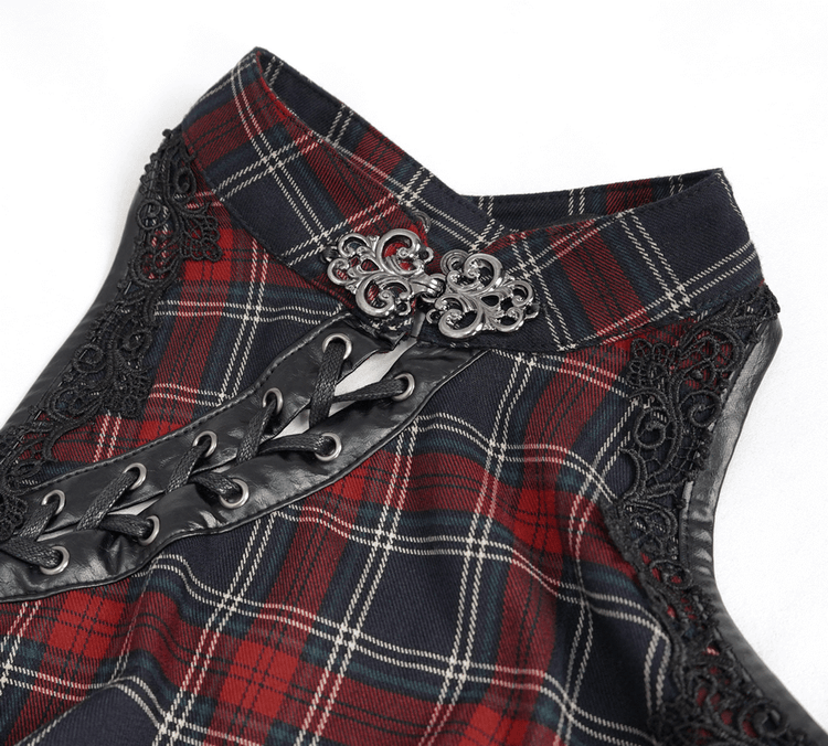 Gothic Plaid Dress with Ruffled Lace Hemline / Female Short Dresses with Detachable Sleeves - image 6