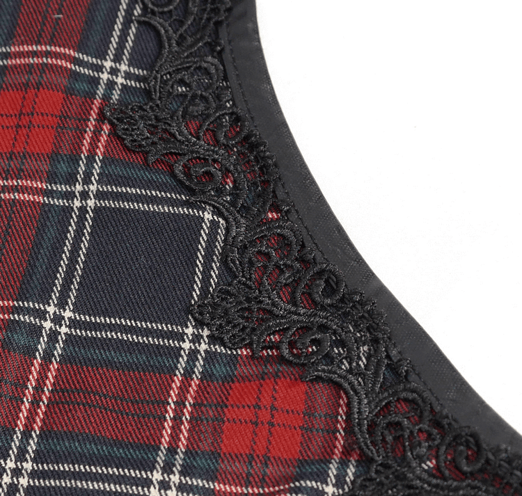 Gothic Plaid Dress with Ruffled Lace Hemline / Female Short Dresses with Detachable Sleeves - image 7
