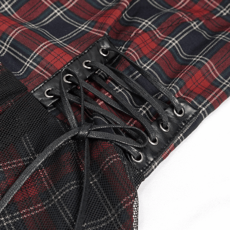 Gothic Plaid Dress with Ruffled Lace Hemline / Female Short Dresses with Detachable Sleeves - image 8