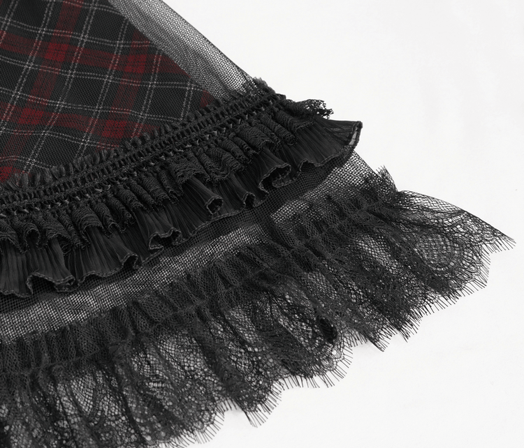 Gothic Plaid Dress with Ruffled Lace Hemline / Female Short Dresses with Detachable Sleeves - image 11