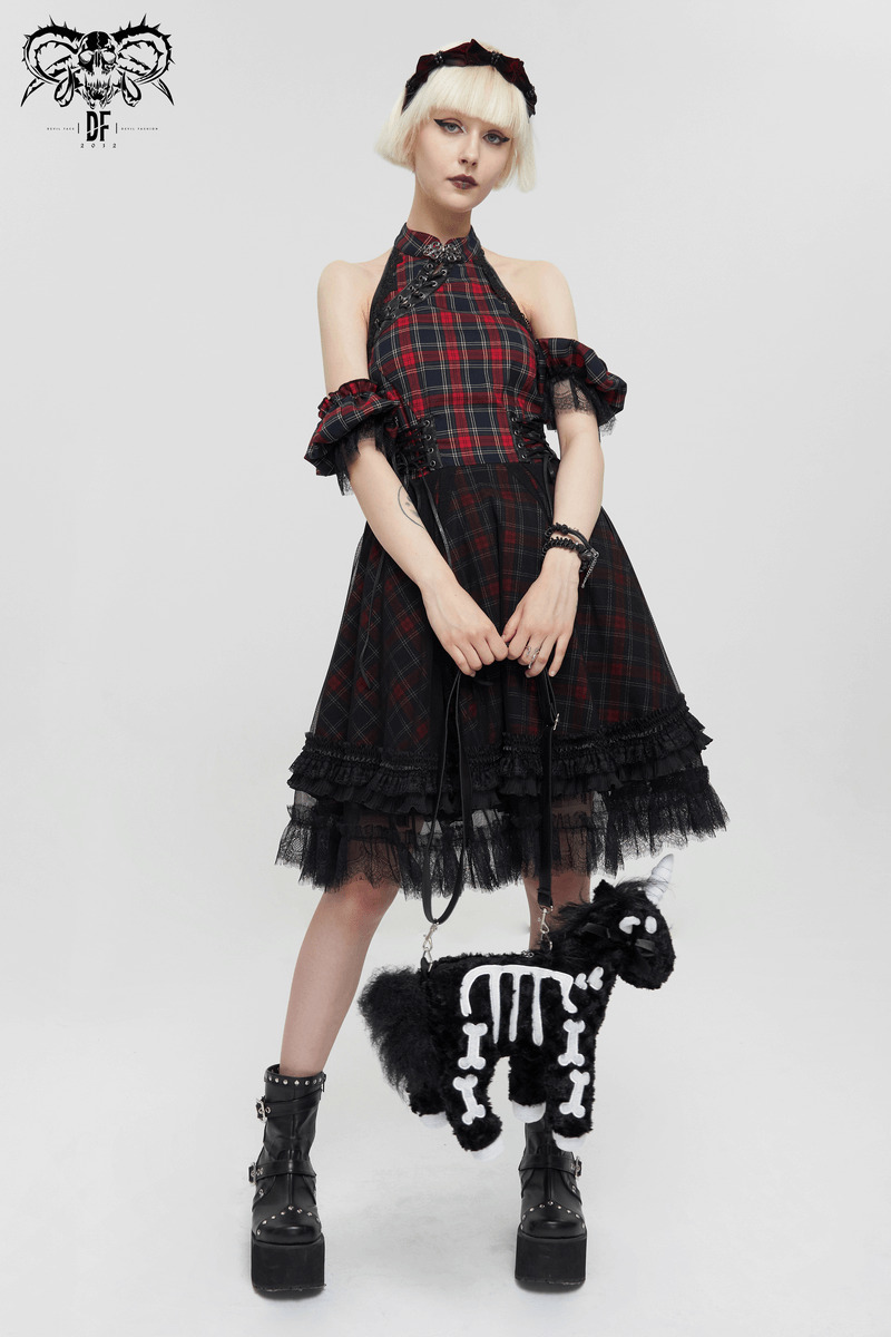 Gothic Plaid Dress with Ruffled Lace Hemline / Female Short Dresses with Detachable Sleeves - image 13
