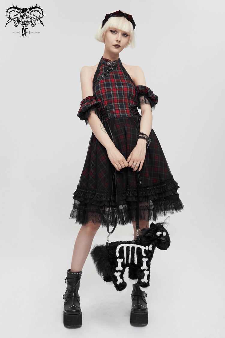 Gothic Plaid Dress with Ruffled Lace Hemline / Female Short Dresses with Detachable Sleeves - image 13